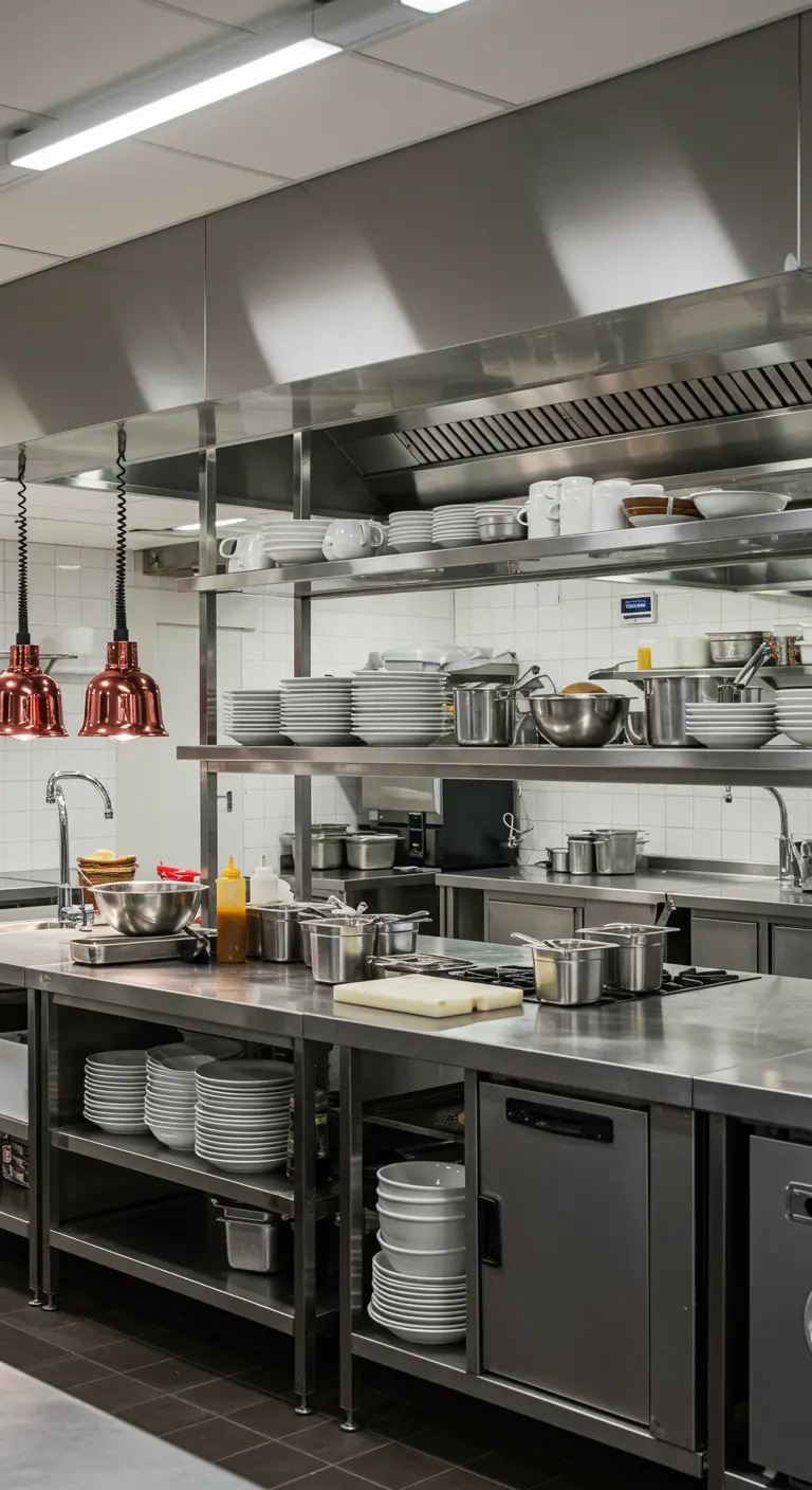 Cocina profesional con estanterías y superficies de acero inoxidable, con pilas de platos blancos.