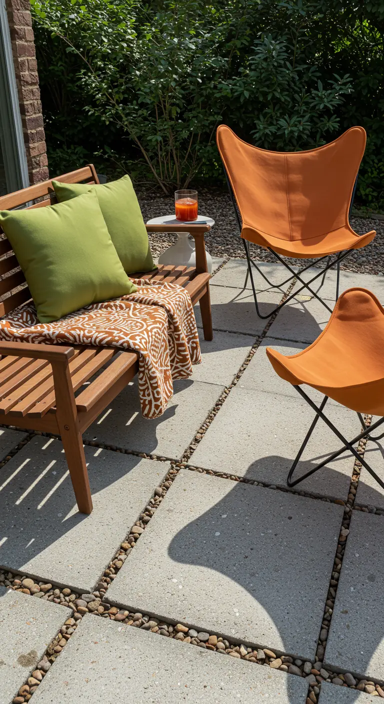 Patio minimalista con un banco de madera y dos sillas Butterfly de color naranja, con cojines verdes.