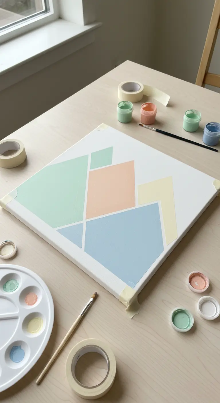 Lienzo blanco con formas geométricas abstractas pintadas en tonos pastel, rodeado de materiales de pintura.