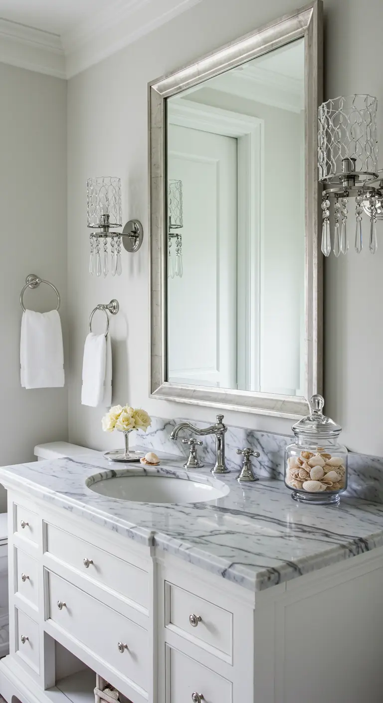 Encimera de mármol con un tarro de cristal lleno de conchas marinas y grifería de estilo vintage