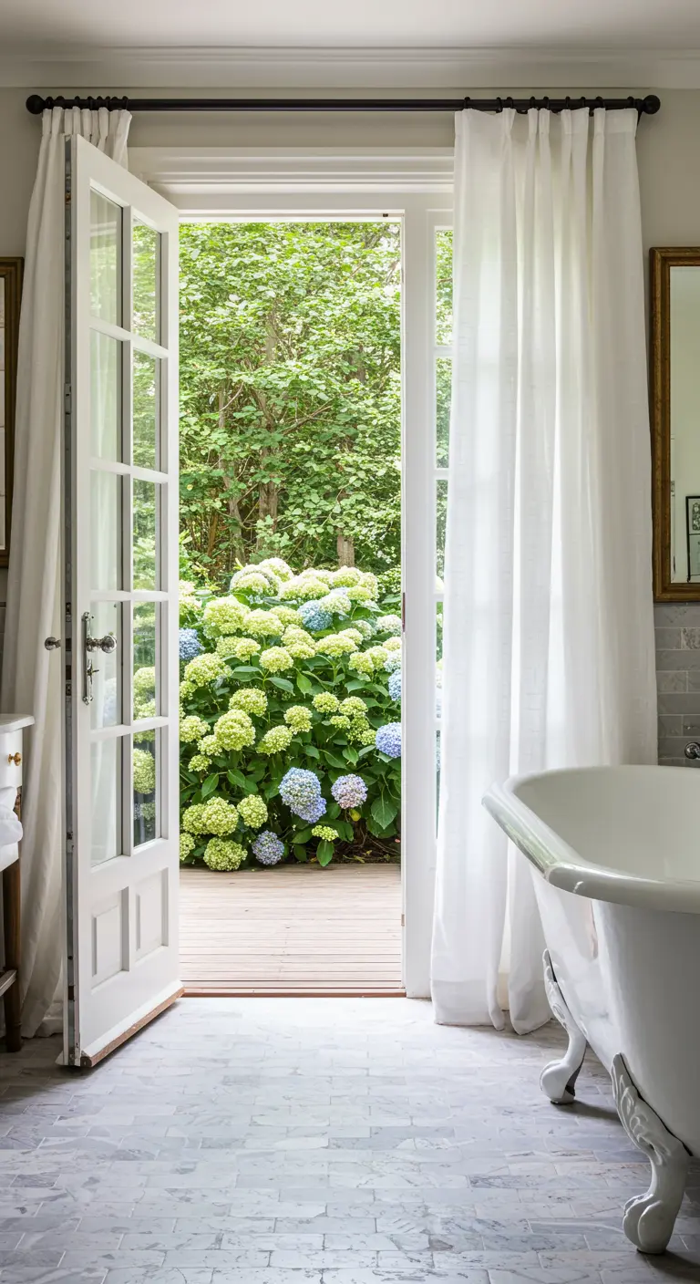 Bañera con patas junto a unas puertas francesas abiertas a un jardín lleno de hortensias