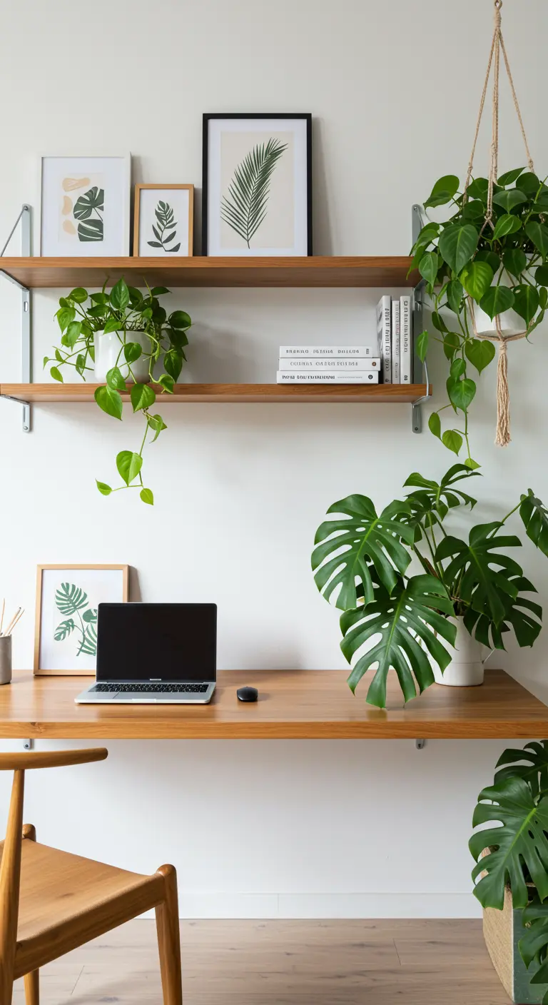 Escritorio de madera con estanterías a juego, decorado con varias plantas verdes y láminas botánicas.