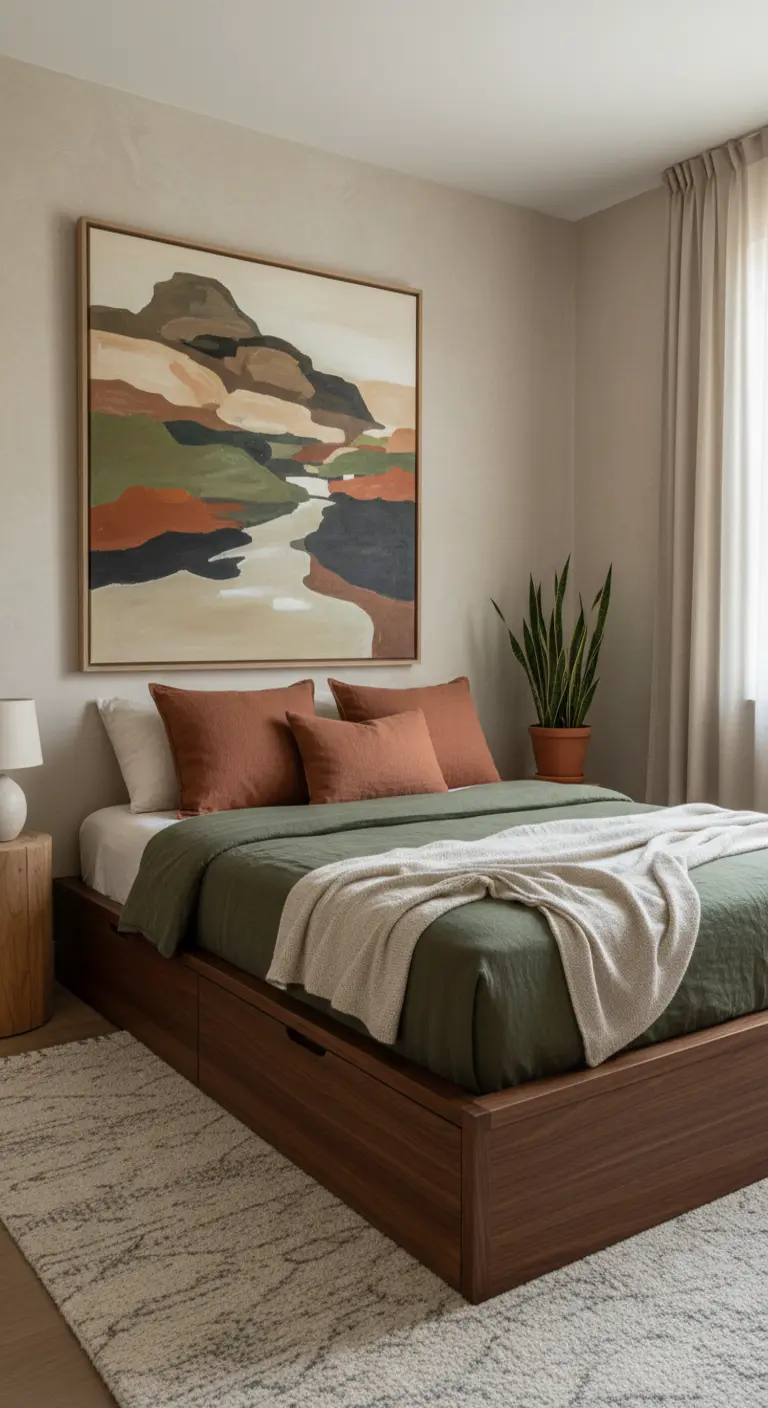 Cama de plataforma de madera oscura con cajones, en un dormitorio con tonos tierra y arte abstracto.