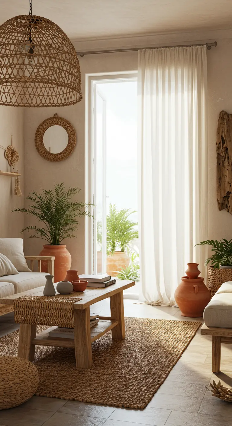 Sala bohemia con materiales naturales, alfombra de yute, muebles de madera y macetas de terracota.