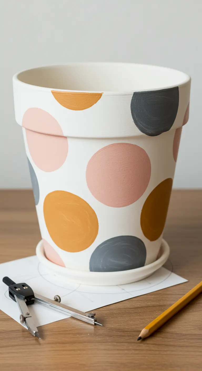 Maceta blanca decorada con grandes círculos de colores en tonos tierra y pastel.