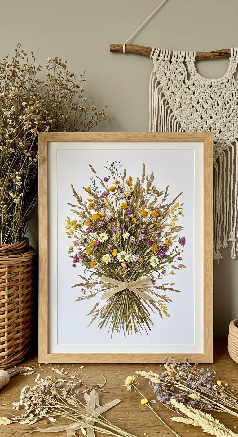 Ramo de flores silvestres prensadas y atadas con un lazo, enmarcado en madera clara.