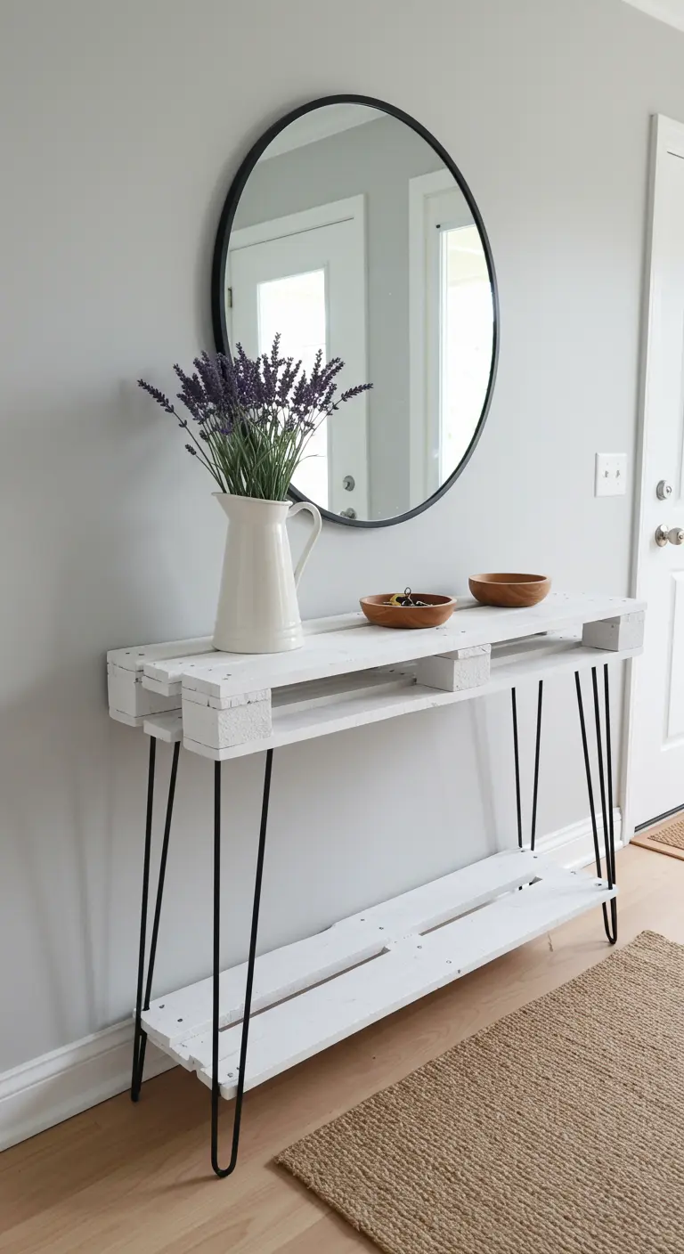 Consola de palet blanca con patas de horquilla negras y un espejo redondo en la pared.