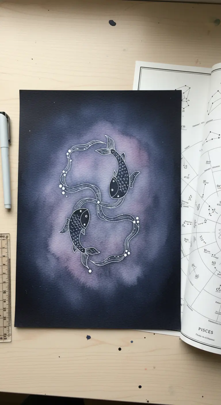 Pintura del signo zodiacal de Piscis sobre un fondo de galaxia en acuarela oscura.