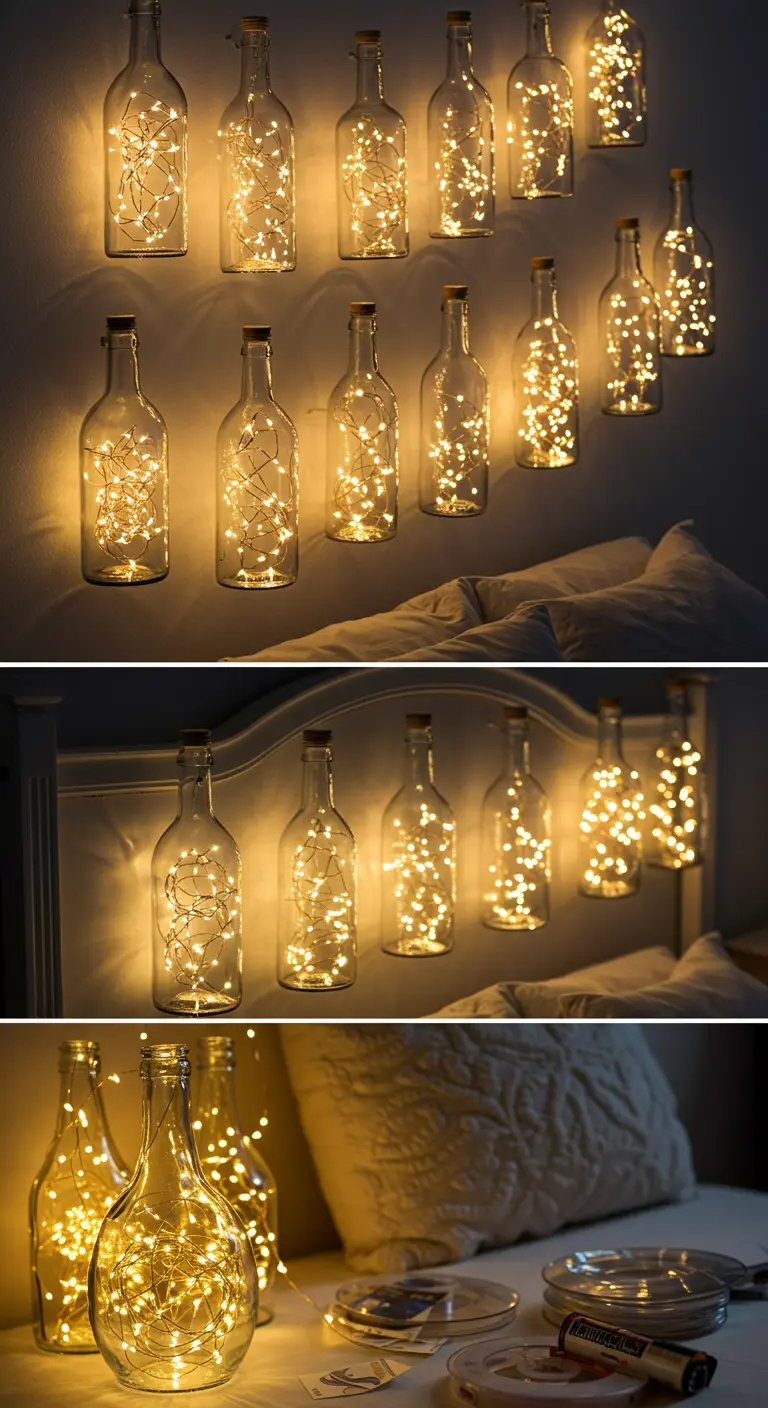 Cabecero de cama decorado con botellas de vidrio rellenas de luces de hadas cálidas.