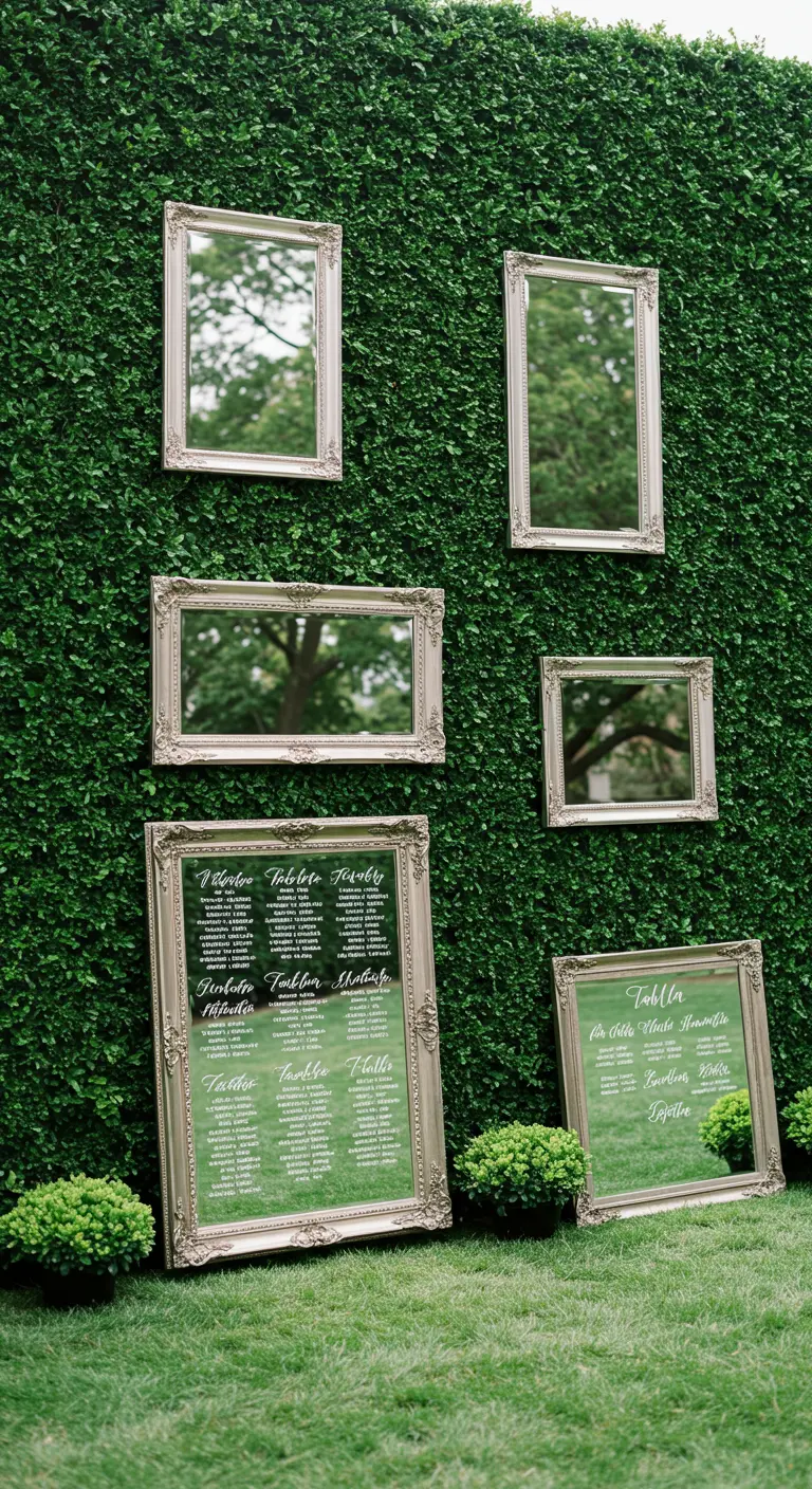 Varios espejos plateados de diferentes tamaños colgados en una pared de setos verdes.