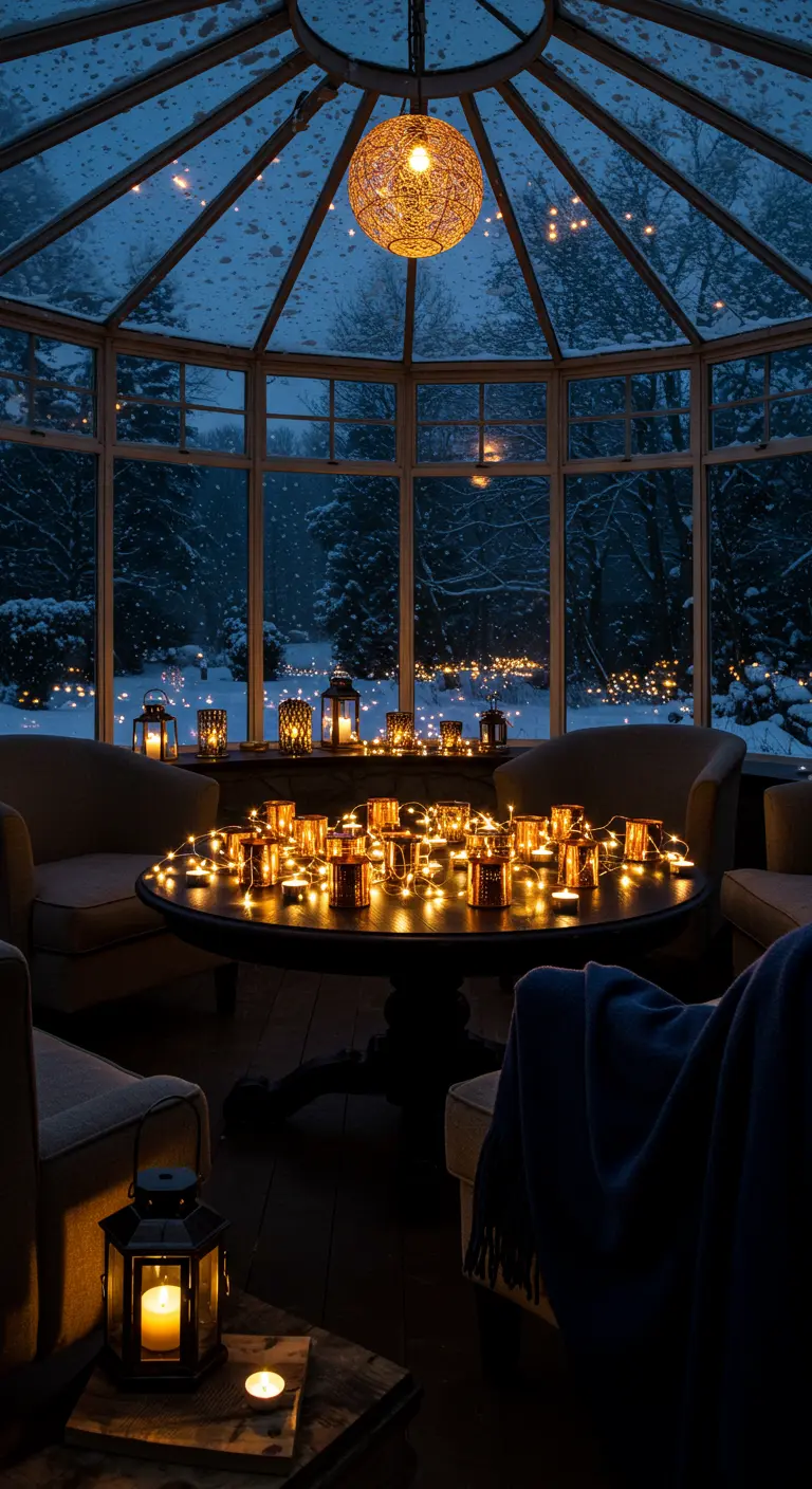 Invernadero de noche cubierto de nieve, con una mesa redonda iluminada por muchas velas.