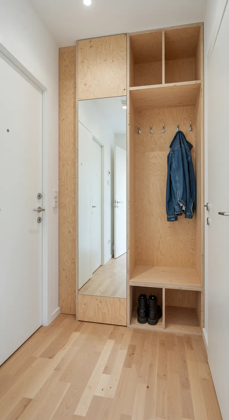 Mueble de entrada multifuncional hecho a medida con contrachapado, con espejo y percheros.