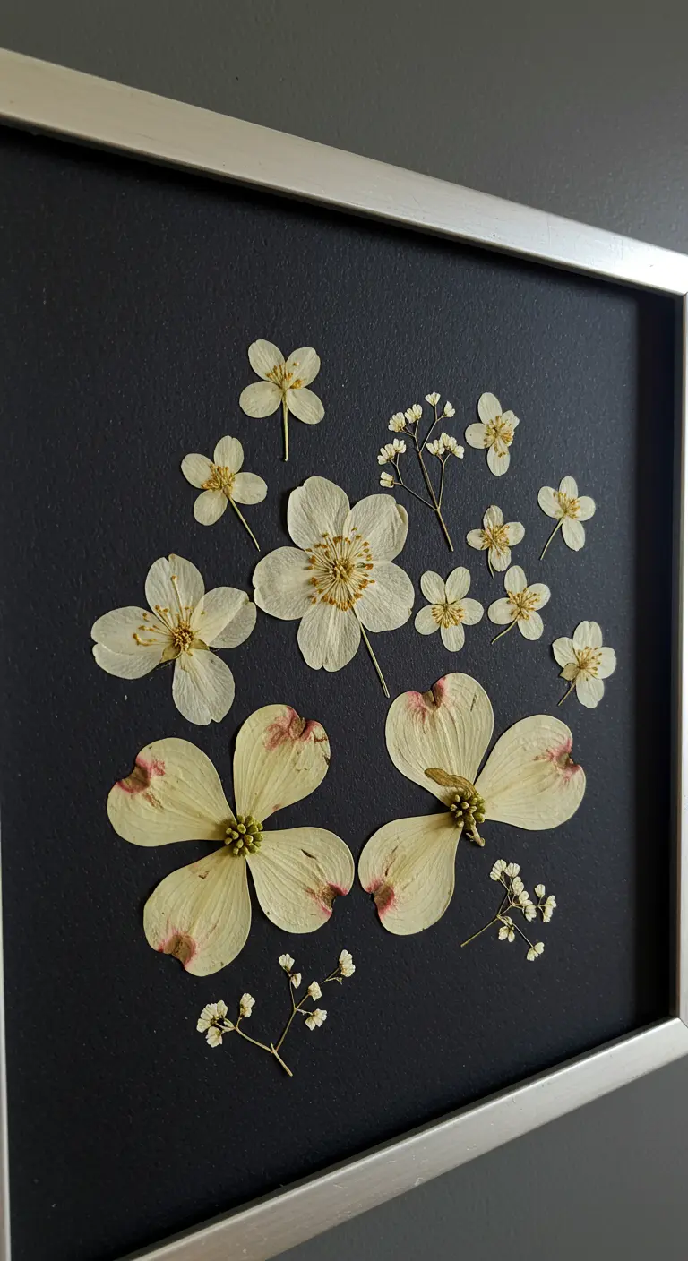 Flores blancas y crema prensadas sobre un fondo negro intenso en un marco plateado.