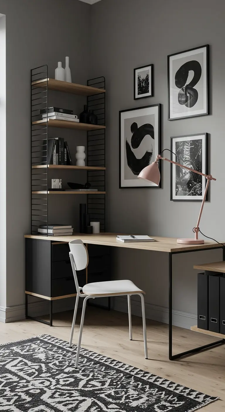 Oficina en casa con escritorio de madera y metal negro, estantería industrial y arte abstracto.