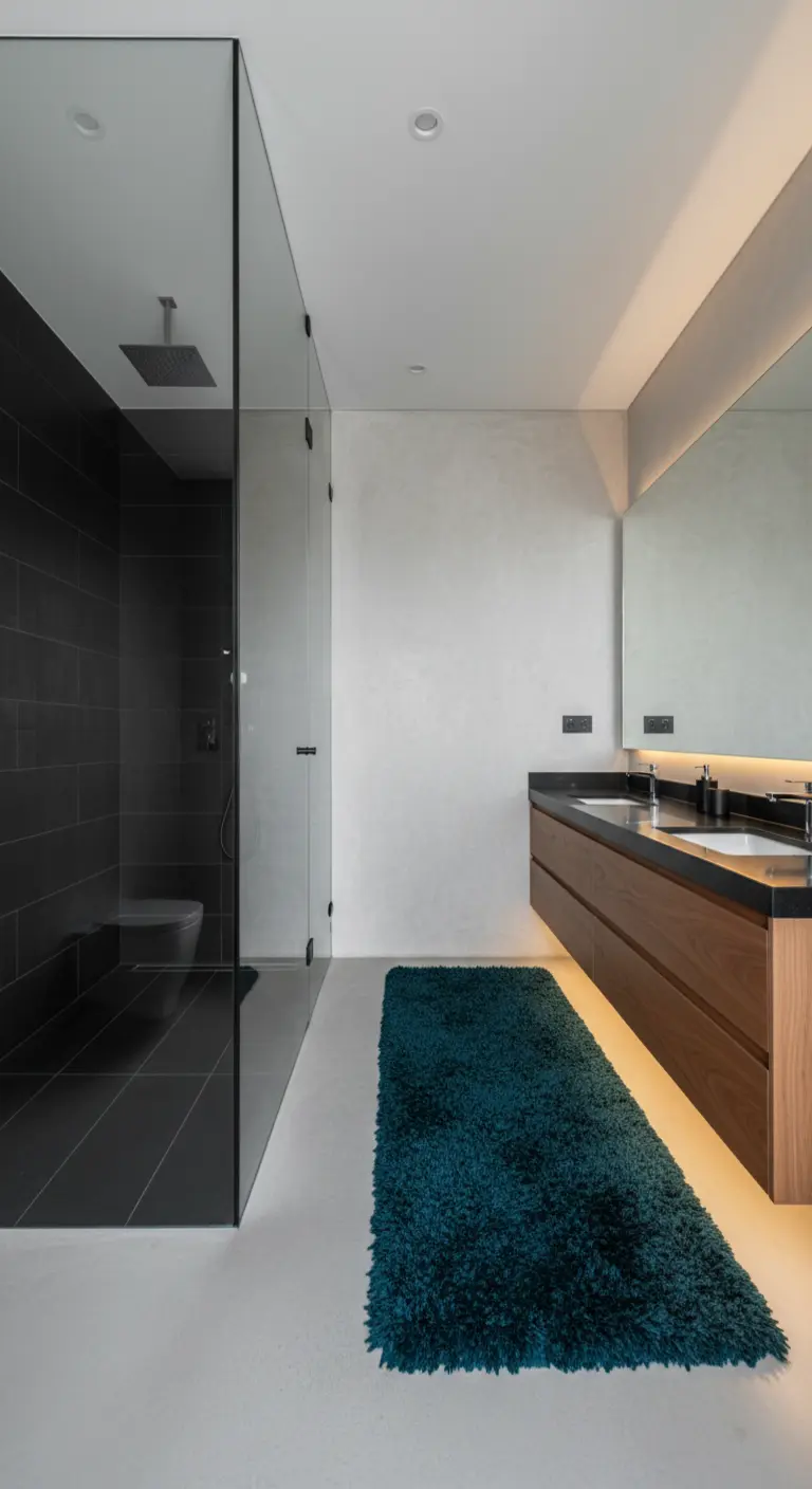 Baño moderno con ducha de azulejos oscuros y un largo mueble de madera con luz inferior.