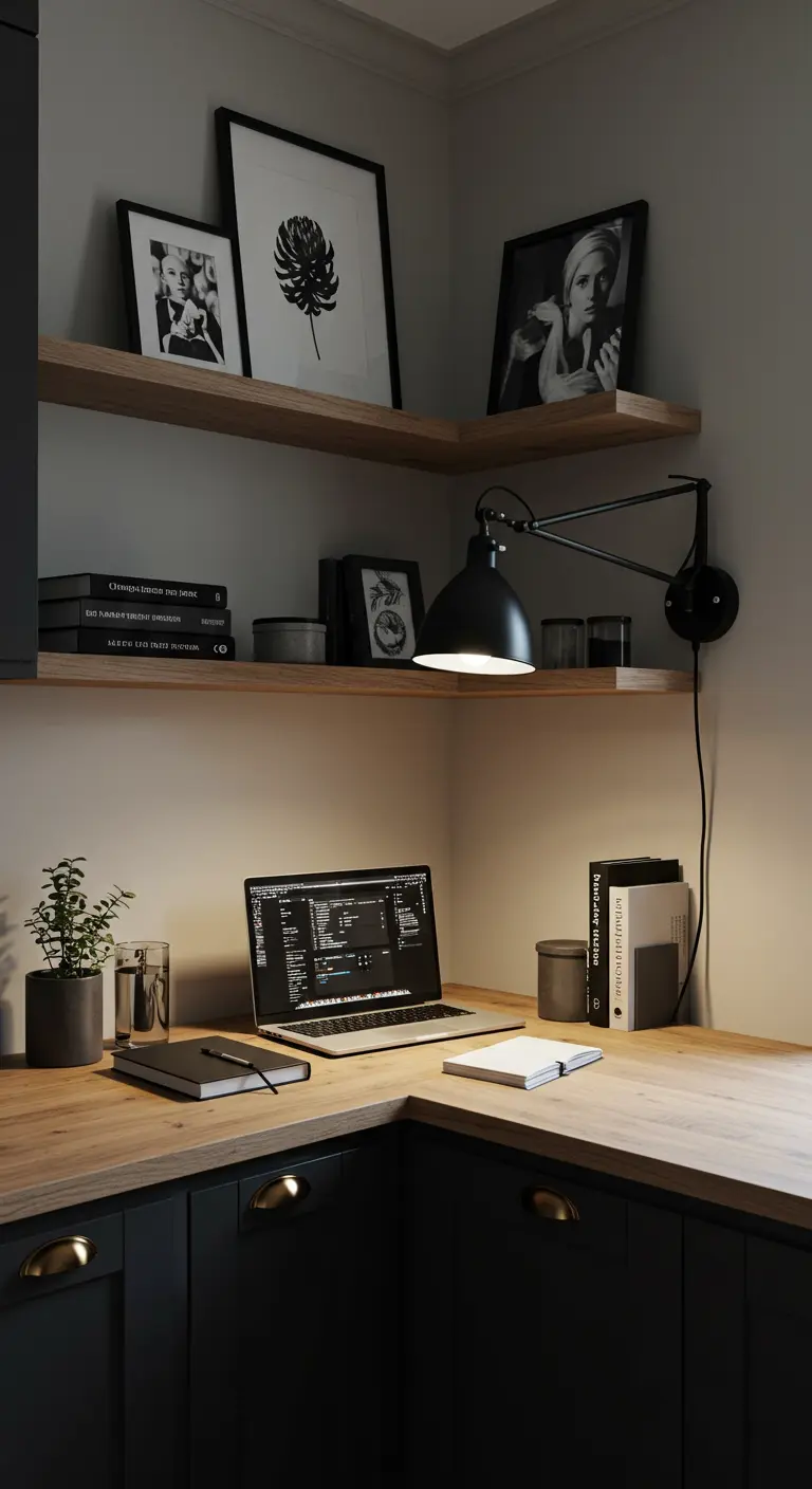Esquina de trabajo moderna con armarios oscuros, encimera de madera y baldas flotantes