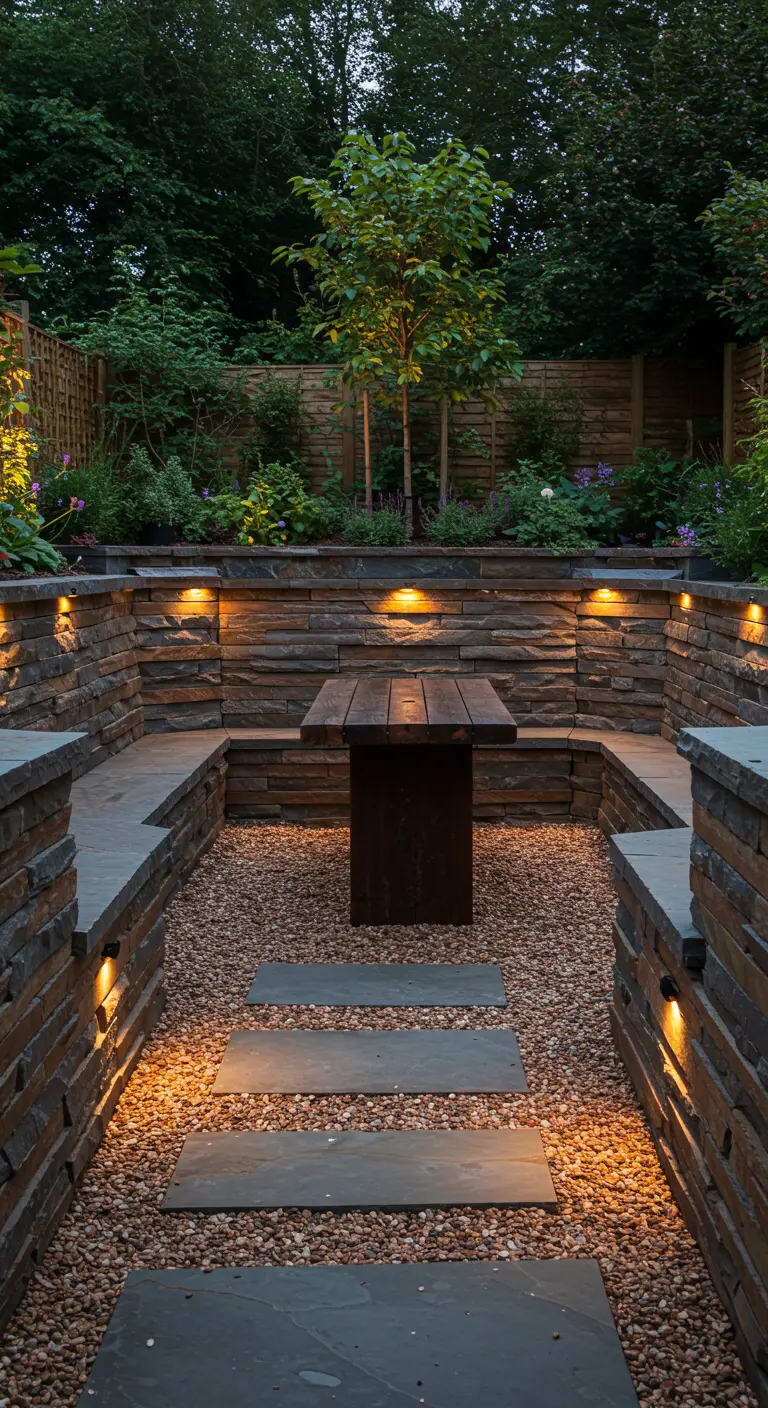 Patio hundido con bancos de piedra, mesa de madera y luces cálidas integradas en los muros.