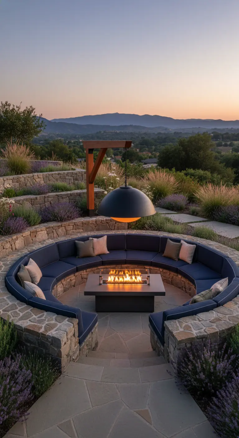 Zona de conversación circular de piedra con un fogón en el centro y una gran lámpara colgante