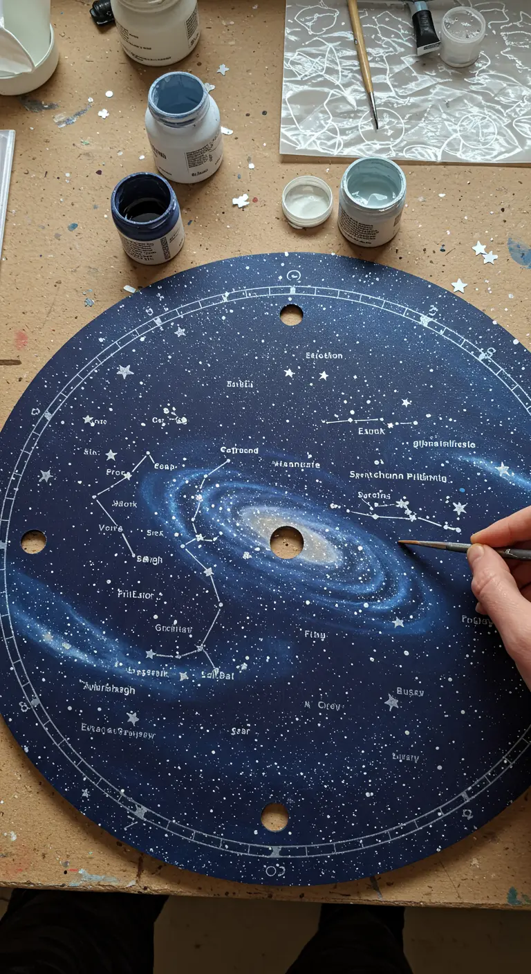 Una persona pintando con un pincel fino constelaciones sobre un tablero redondo con una galaxia pintada.