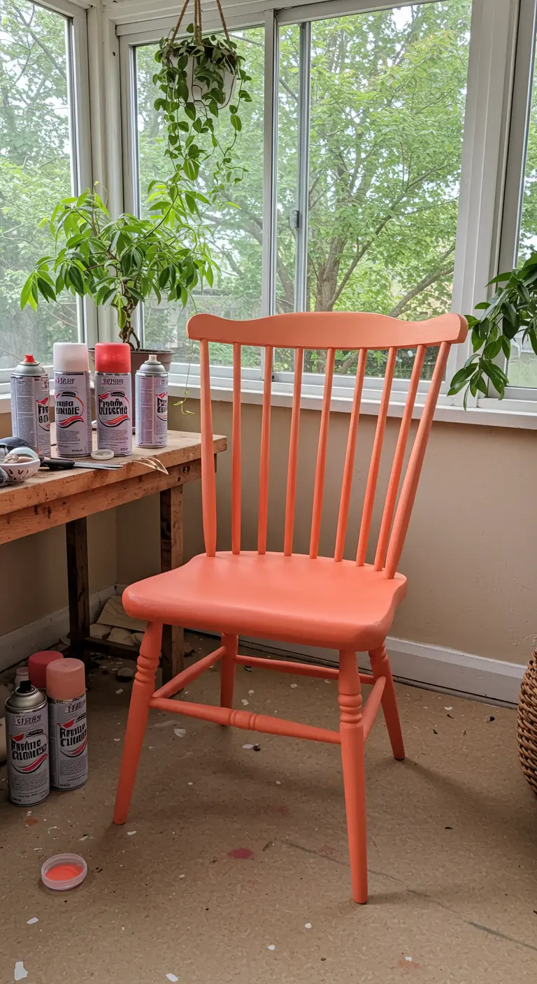 Silla de comedor de madera pintada en un vibrante color coral con pintura en spray.