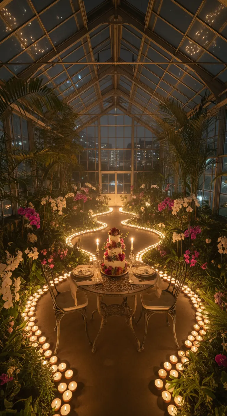 Una mesa para dos dentro de un corazón hecho con velas en un invernadero lleno de flores.