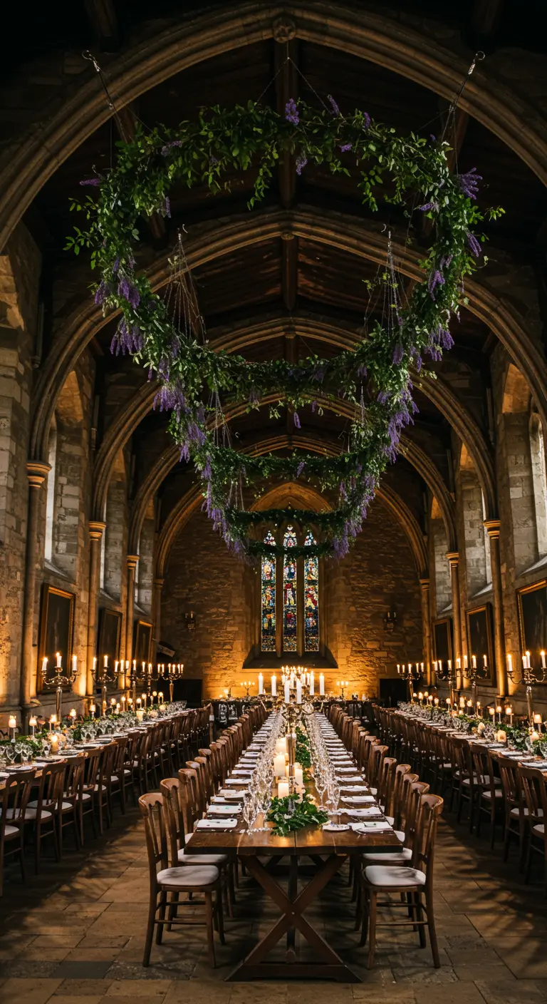Gran salón de estilo gótico con una enorme corona en forma de corazón colgando sobre la mesa.