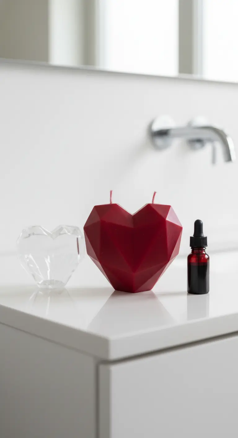 Vela casera con forma de corazón geométrico en color rojo intenso sobre un tocador de baño blanco