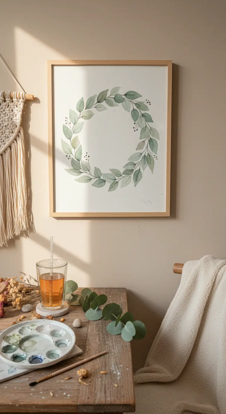 Corona de hojas de eucalipto en acuarela verde salvia enmarcada en madera clara.