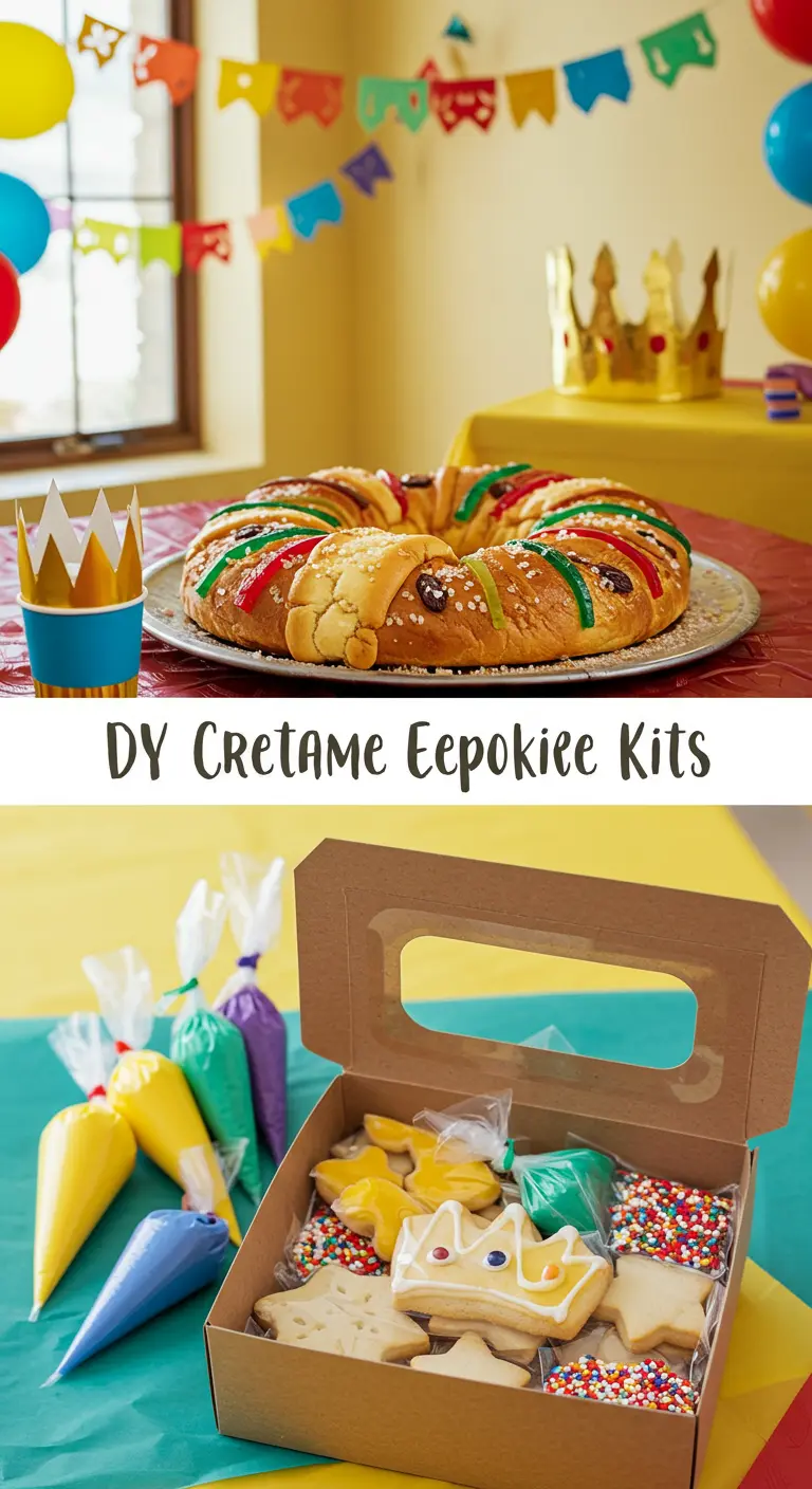 Kit de decoración de galletas con temática de Reyes Magos en una caja de cartón.