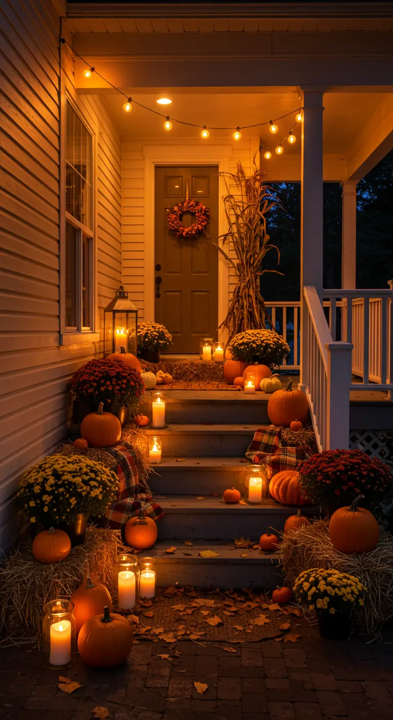 Porche decorado para el otoño con calabazas, fardos de paja, crisantemos y muchas velas.