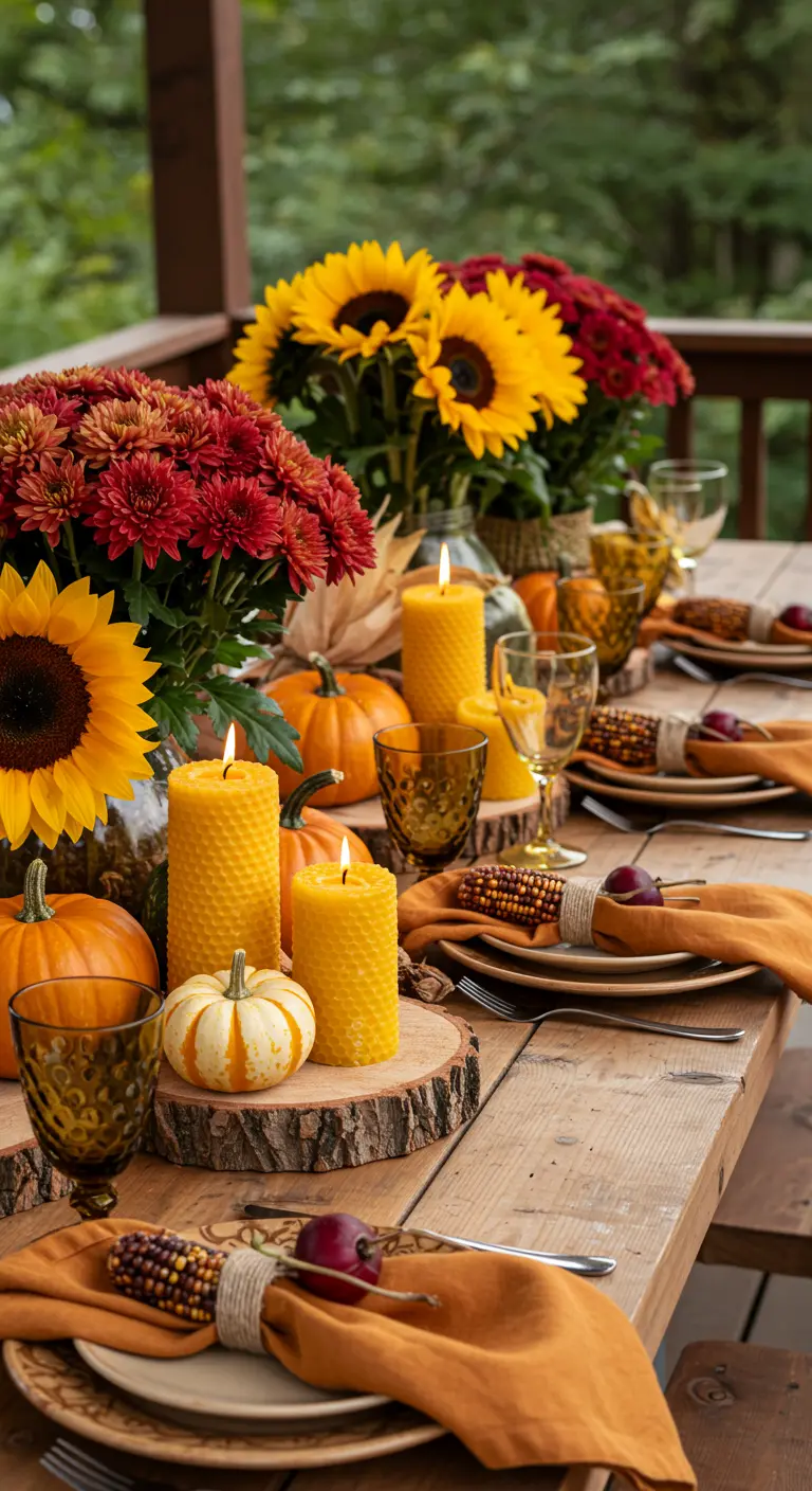 Mesa de otoño con girasoles, calabazas y velas de cera de abeja.