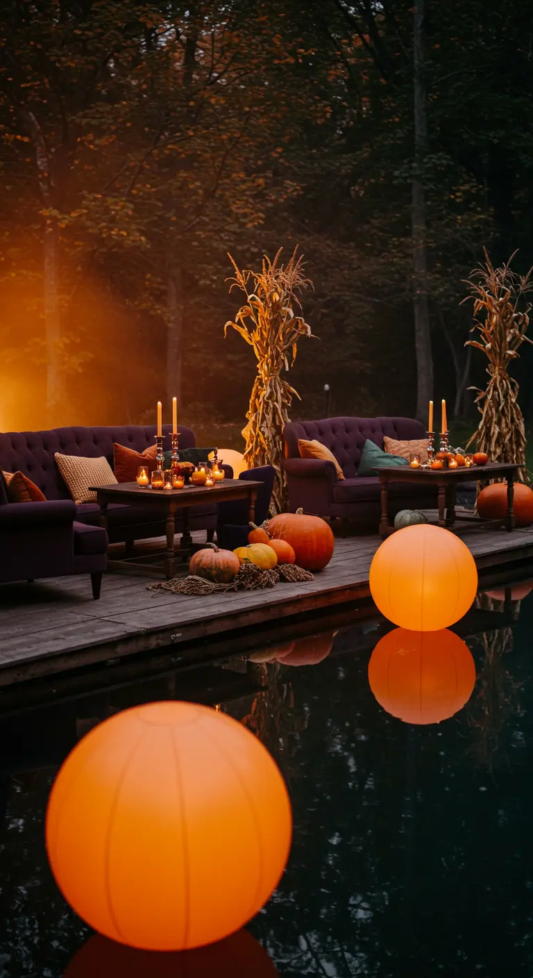 Globos LED naranjas flotan en el agua frente a una acogedora zona de descanso otoñal.