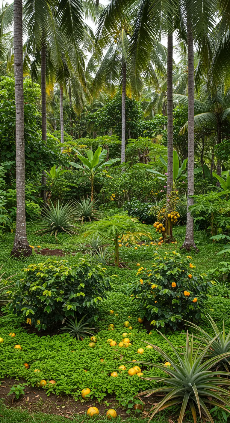 Paisaje selvático denso con múltiples capas de vegetación, desde cubresuelos hasta altas palmeras.