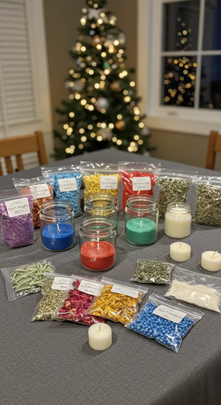 Mesa con frascos, velas y bolsitas con materiales de colores para hacer manualidades con velas.