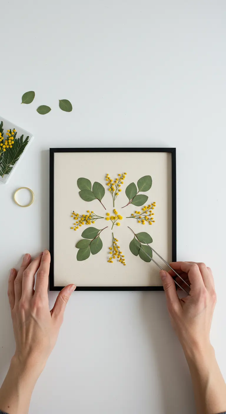 Manos creando un mandala simétrico con hojas de eucalipto y flores amarillas en un marco negro.