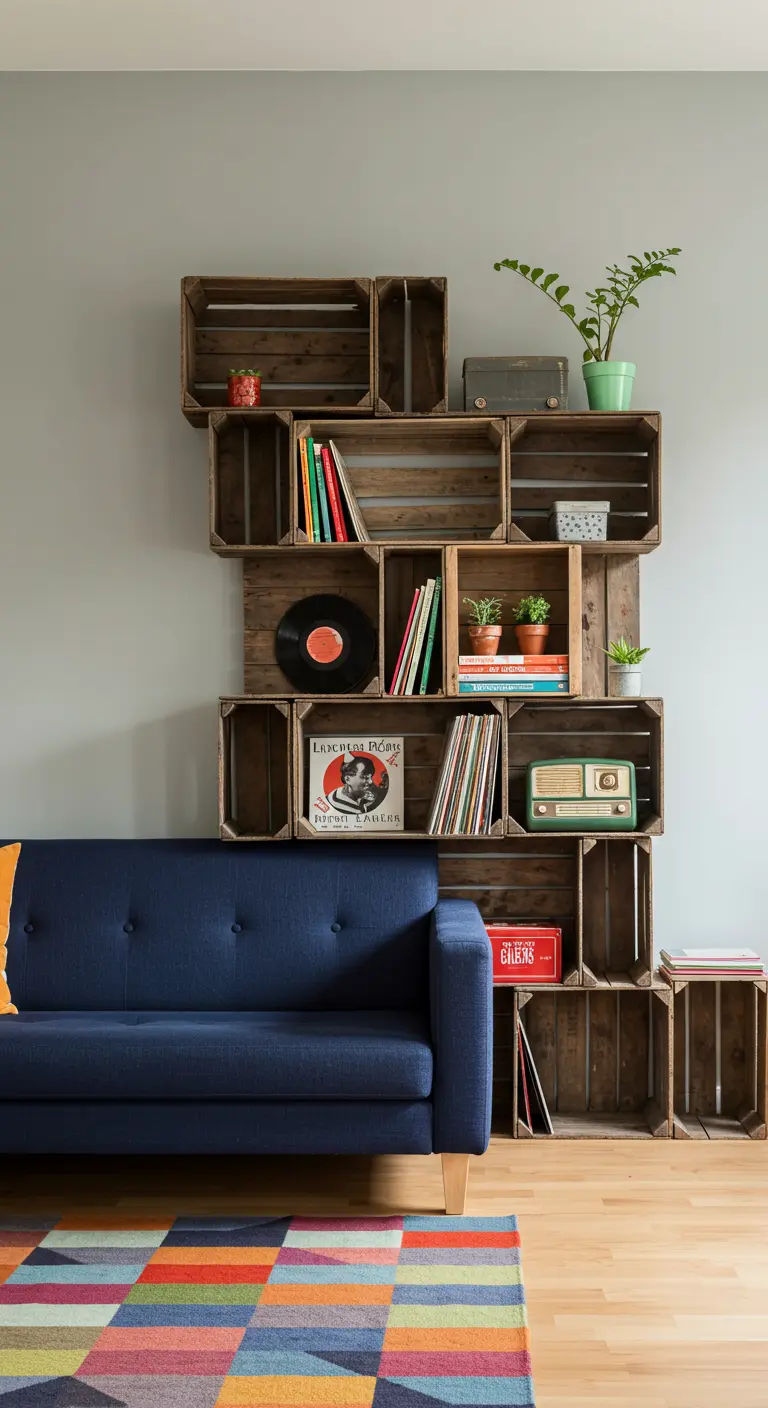 Estantería modular hecha con cajas de madera apiladas de forma creativa.