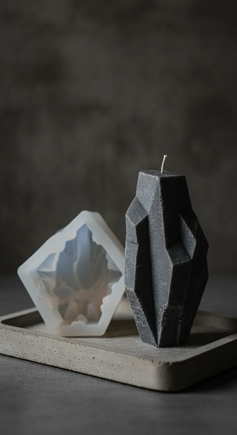 Vela casera con forma de cristal de cuarzo en color gris oscuro junto a su molde de silicona