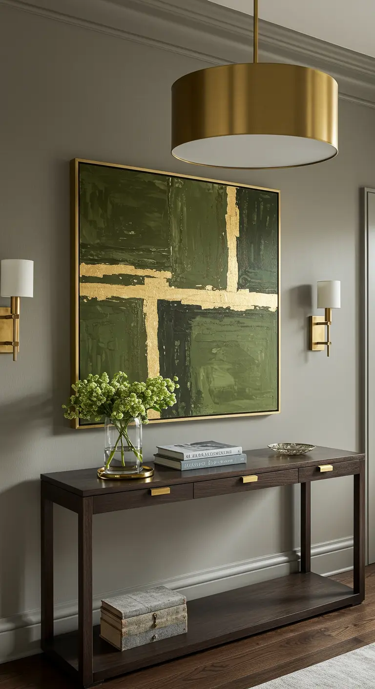 Consola con un gran cuadro abstracto en verde y dorado encima.