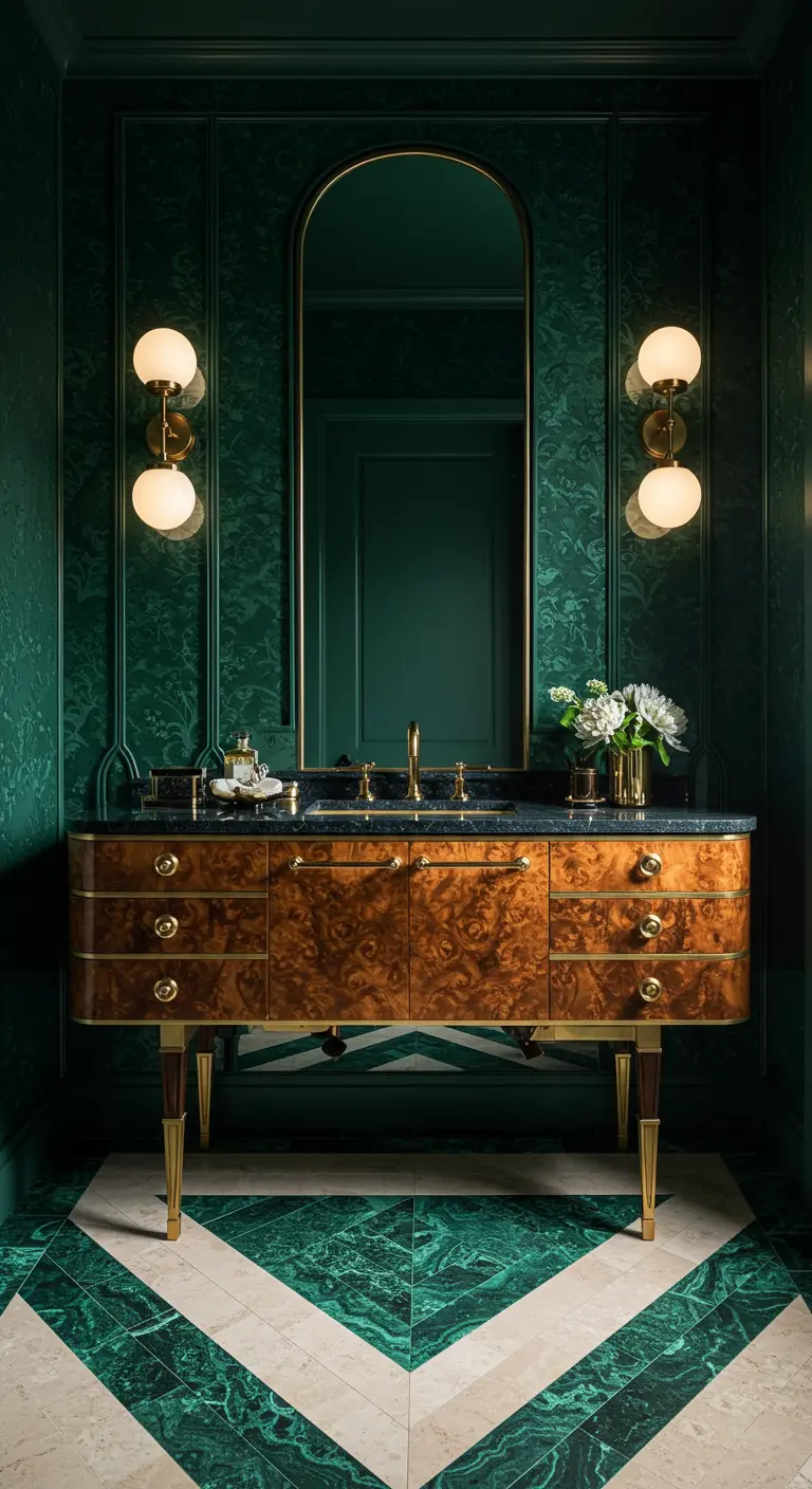 Baño Art Déco con papel pintado verde, mueble de madera de raíz y suelo de mármol geométrico.