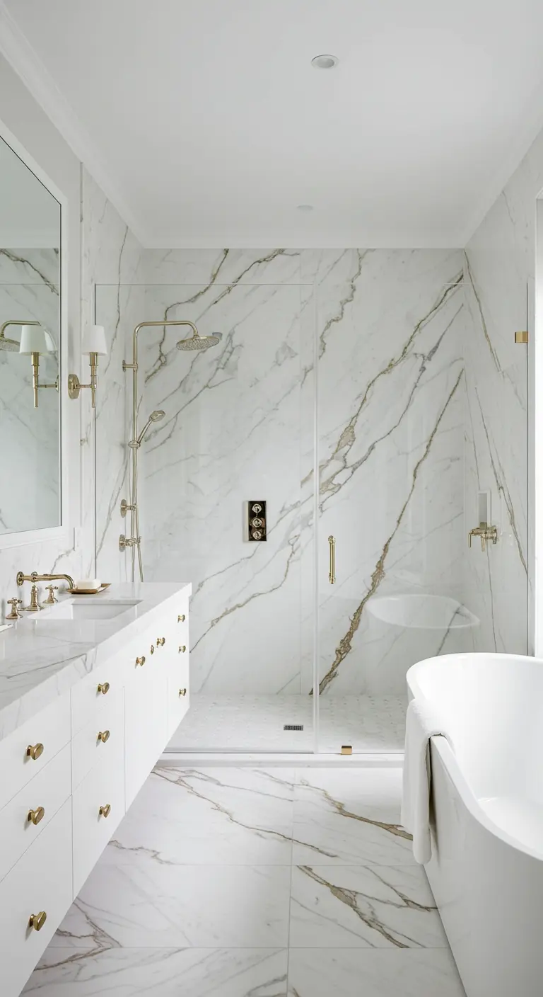 Baño de lujo con paredes y suelo de mármol blanco con espectaculares vetas doradas.