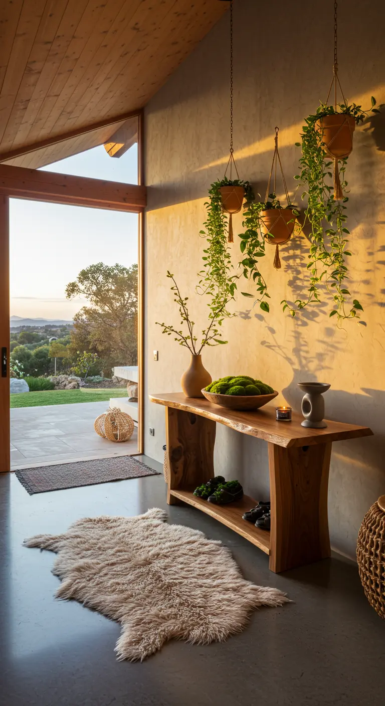 Recibidor boho con consola de madera, plantas colgantes y alfombra de piel de oveja al atardecer.