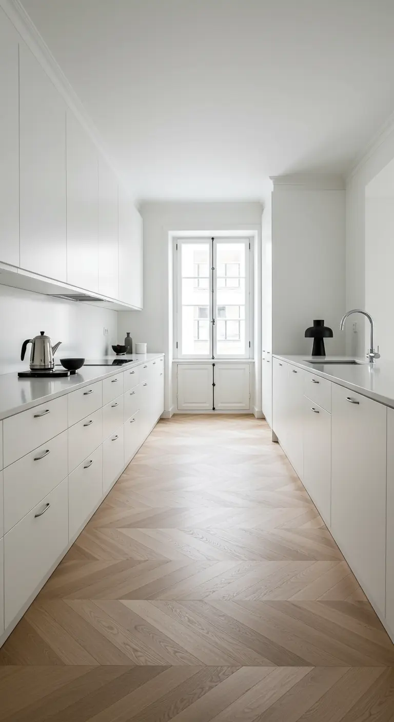 Cocina blanca y minimalista con un espectacular suelo de parquet de roble en espiga.