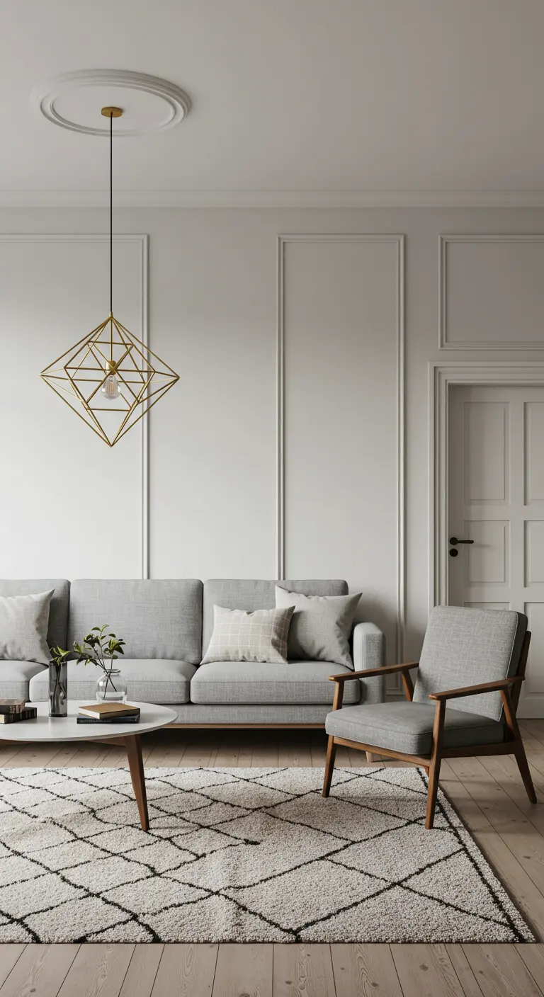 Sala de estar escandinava con sofá gris y una lámpara colgante geométrica dorada