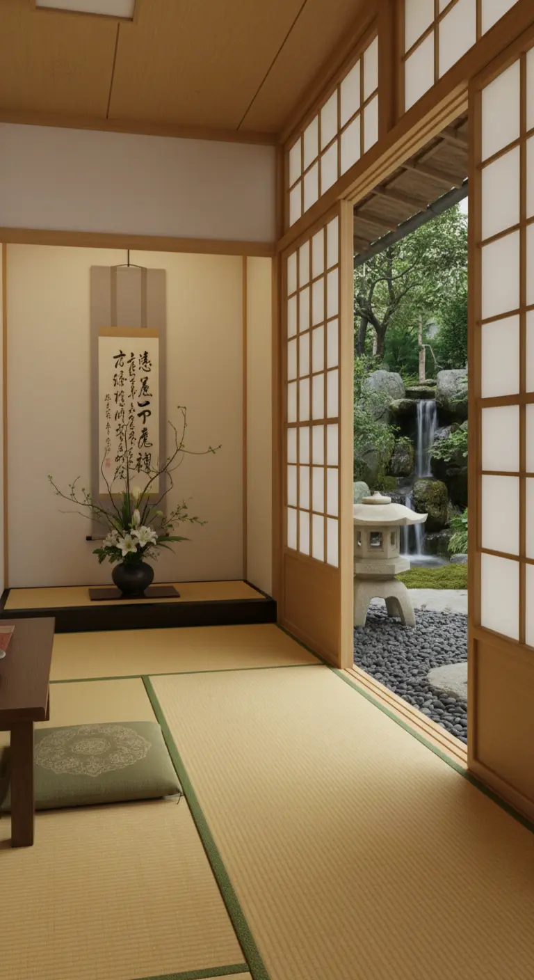 Vista desde una habitación de estilo japonés hacia un jardín exterior con una cascada y linterna.
