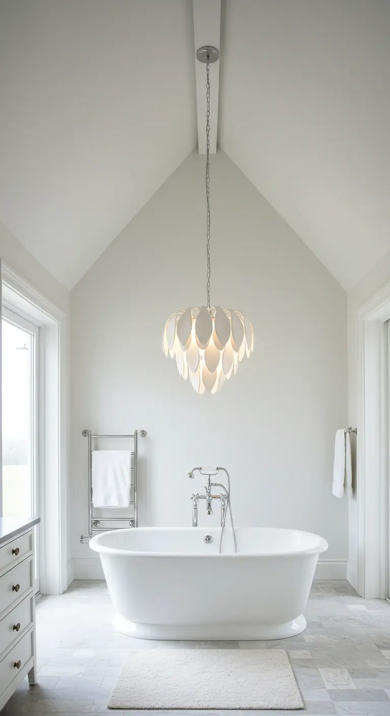 Baño blanco con techo abuhardillado y una gran lámpara colgante de diseño sobre la bañera.