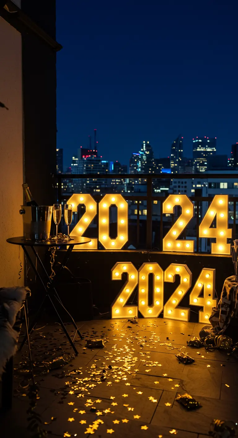 Balcón de noche decorado para fin de año con números '2024' iluminados y champán.