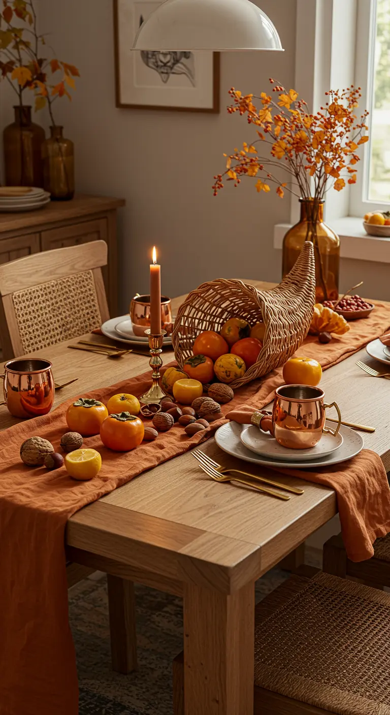 Centro de mesa otoñal con una cornucopia de mimbre llena de caquis, peras y nueces.