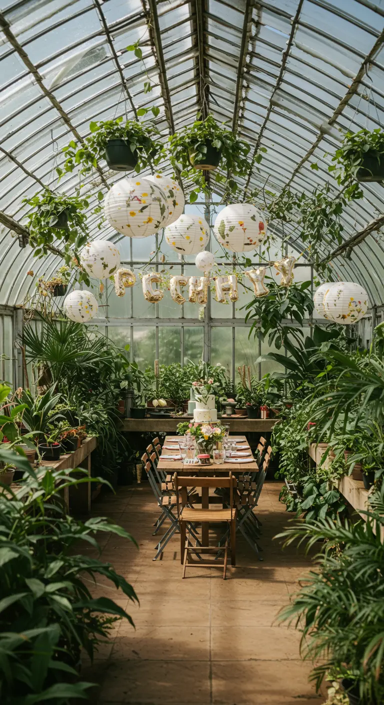 Mesa de cumpleaños en un invernadero con farolillos de papel de estampado floral.