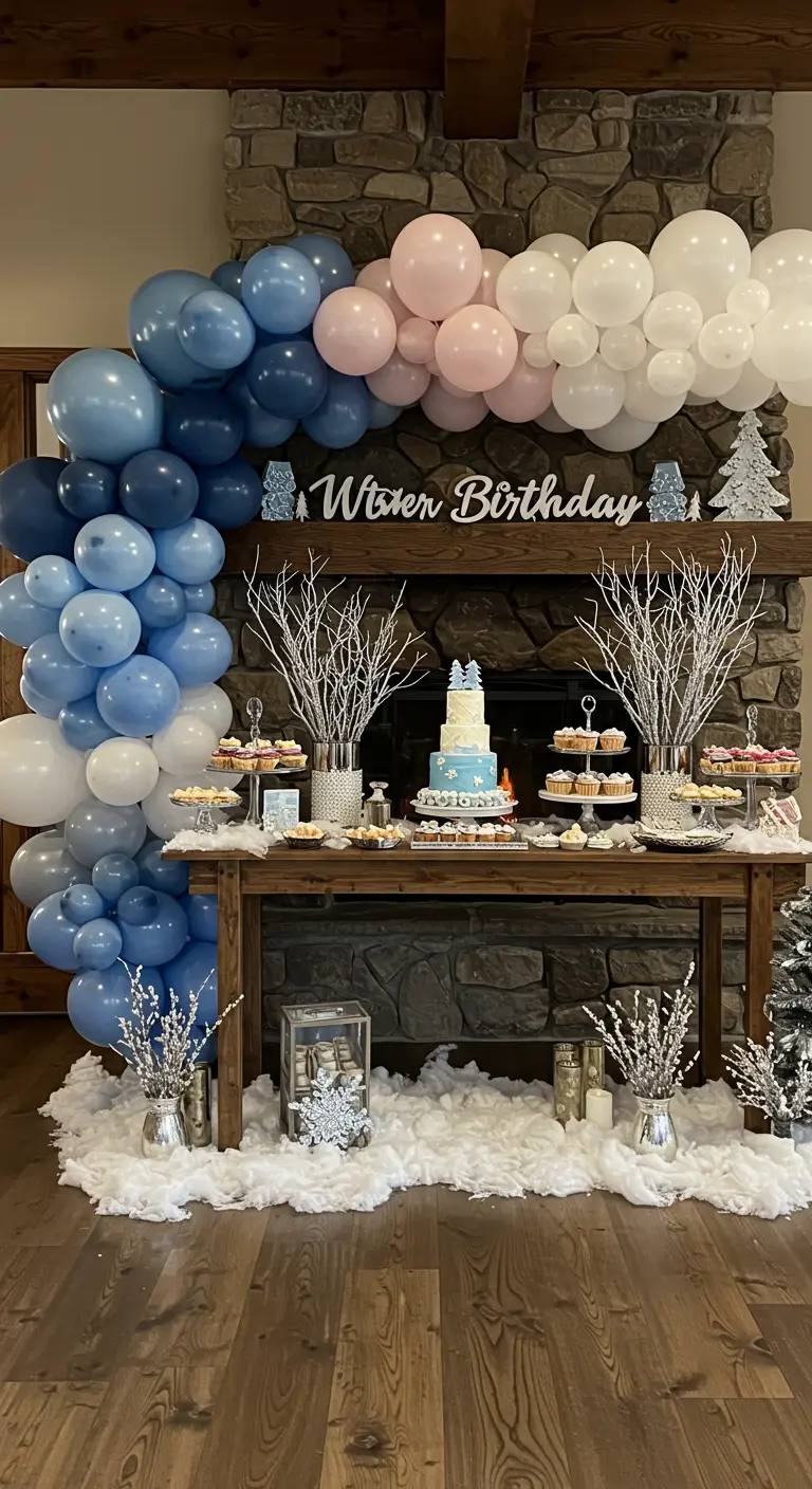 Guirnalda de globos en tonos azules, rosa y blanco sobre una chimenea para una fiesta de invierno.