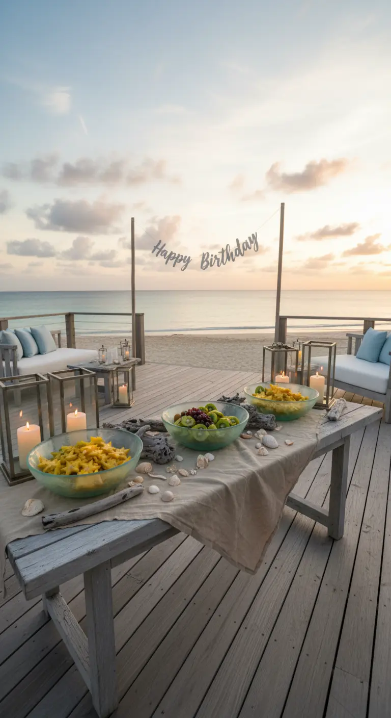 Mesa de madera en la playa con cuencos de fruta, faroles y un cartel de cumpleaños.